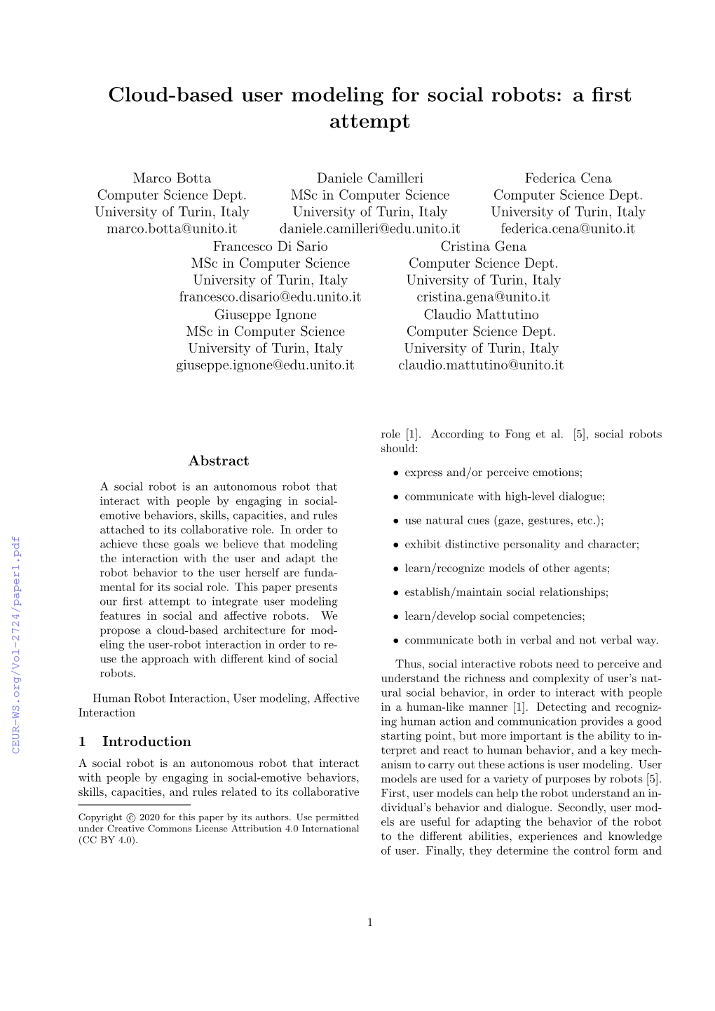 Cloud-Based User Modeling for Social Robots: a ﬁrst Attempt