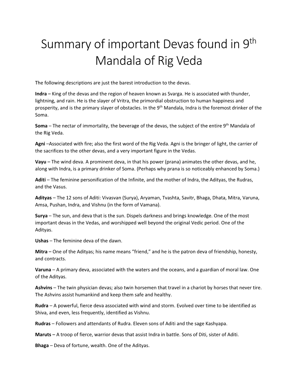 Summary of Important Devas Found in 9Th Mandala of Rig Veda