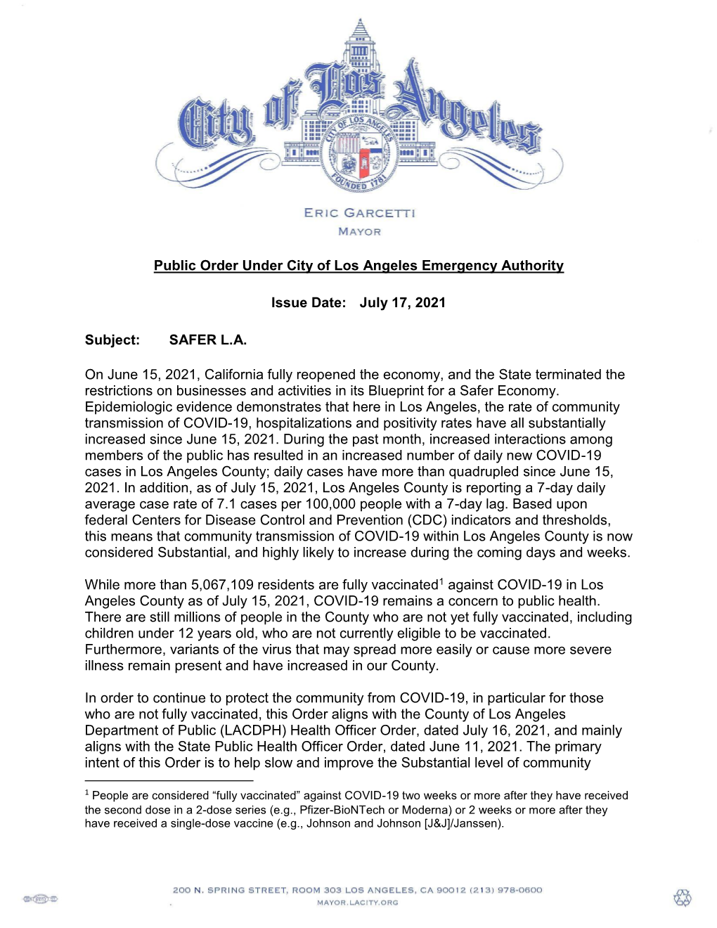 Public Order Under City of Los Angeles Emergency Authority Issue