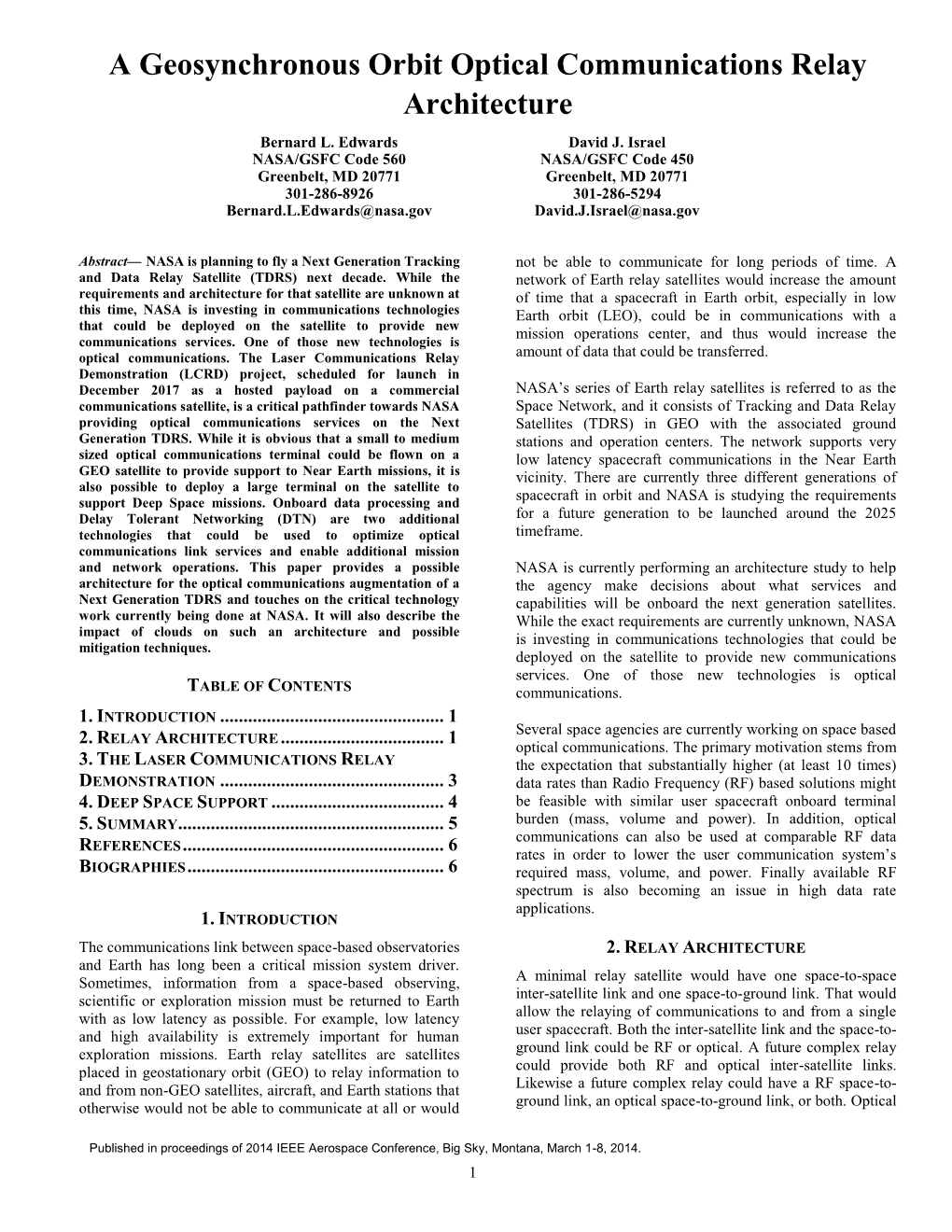 A Geosynchronous Orbit Optical Communications Relay Architecture Bernard L