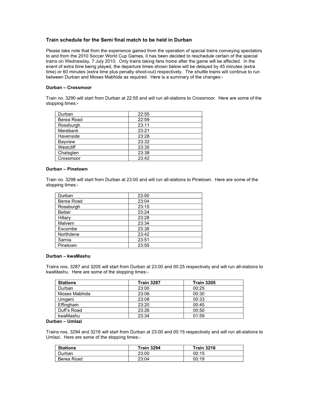 Train Schedule for the Semi Final Match to Be Held in Durban