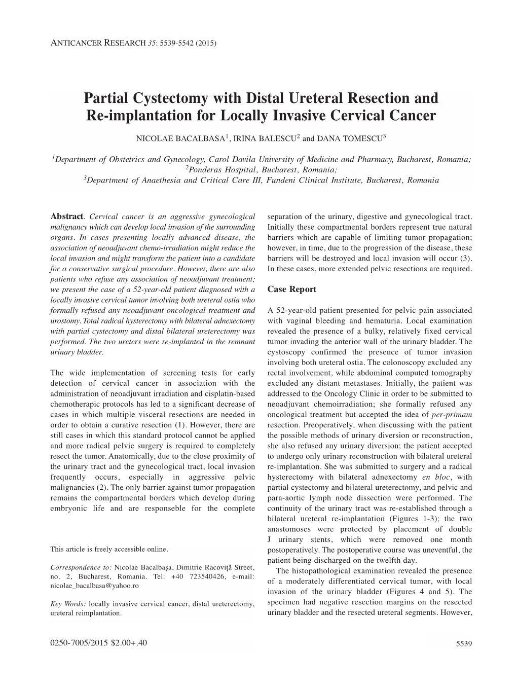 Partial Cystectomy with Distal Ureteral Resection and Re-Implantation for Locally Invasive Cervical Cancer