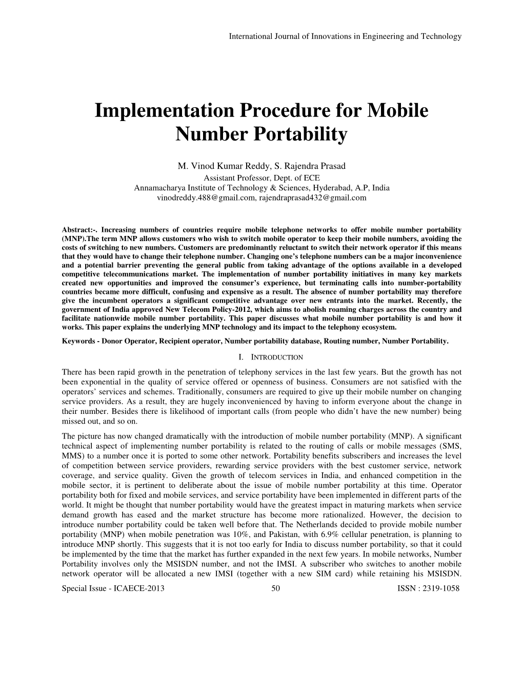 Implementation Procedure for Mobile Number Portability