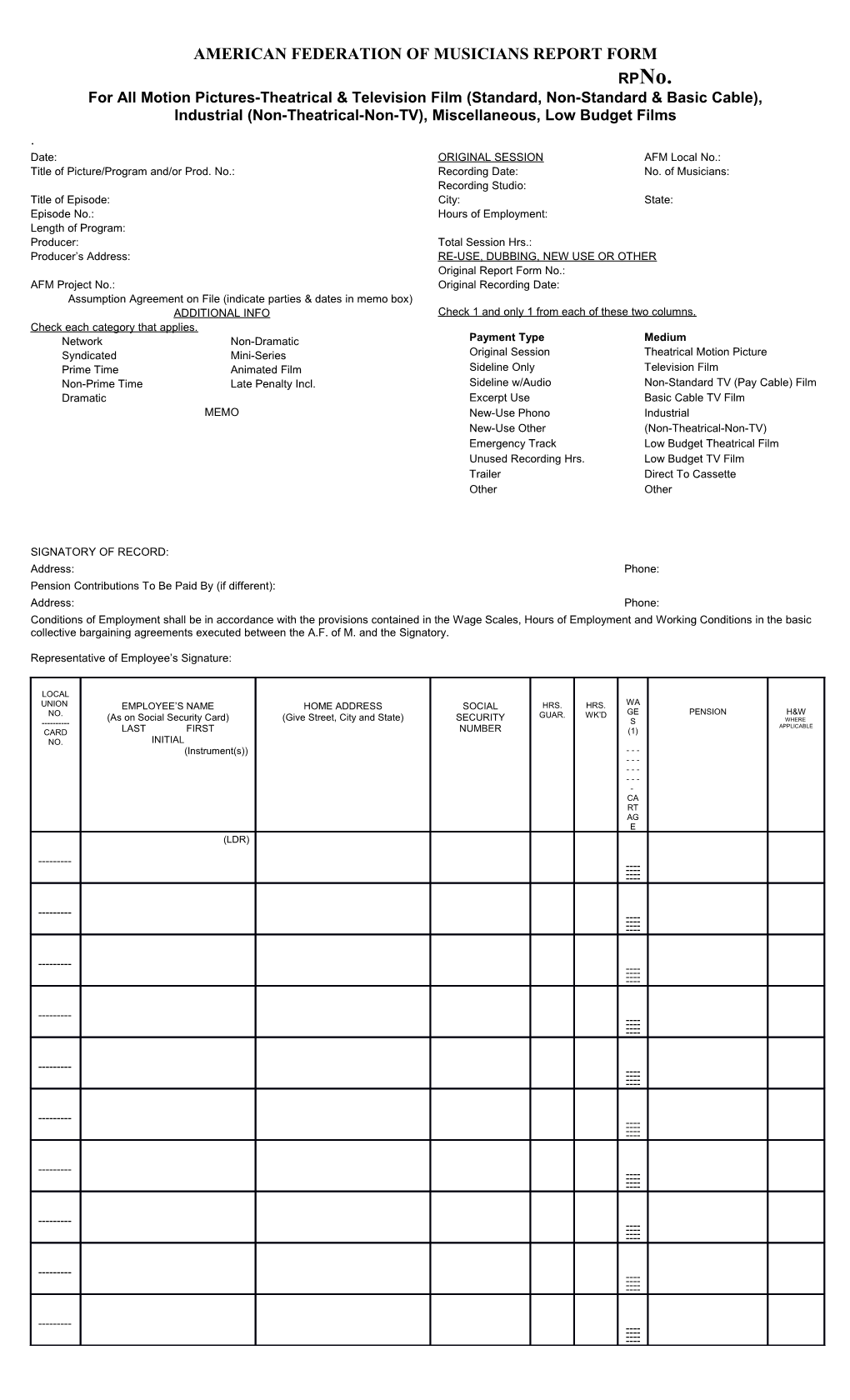 American Federation of Musicians Report Form s1