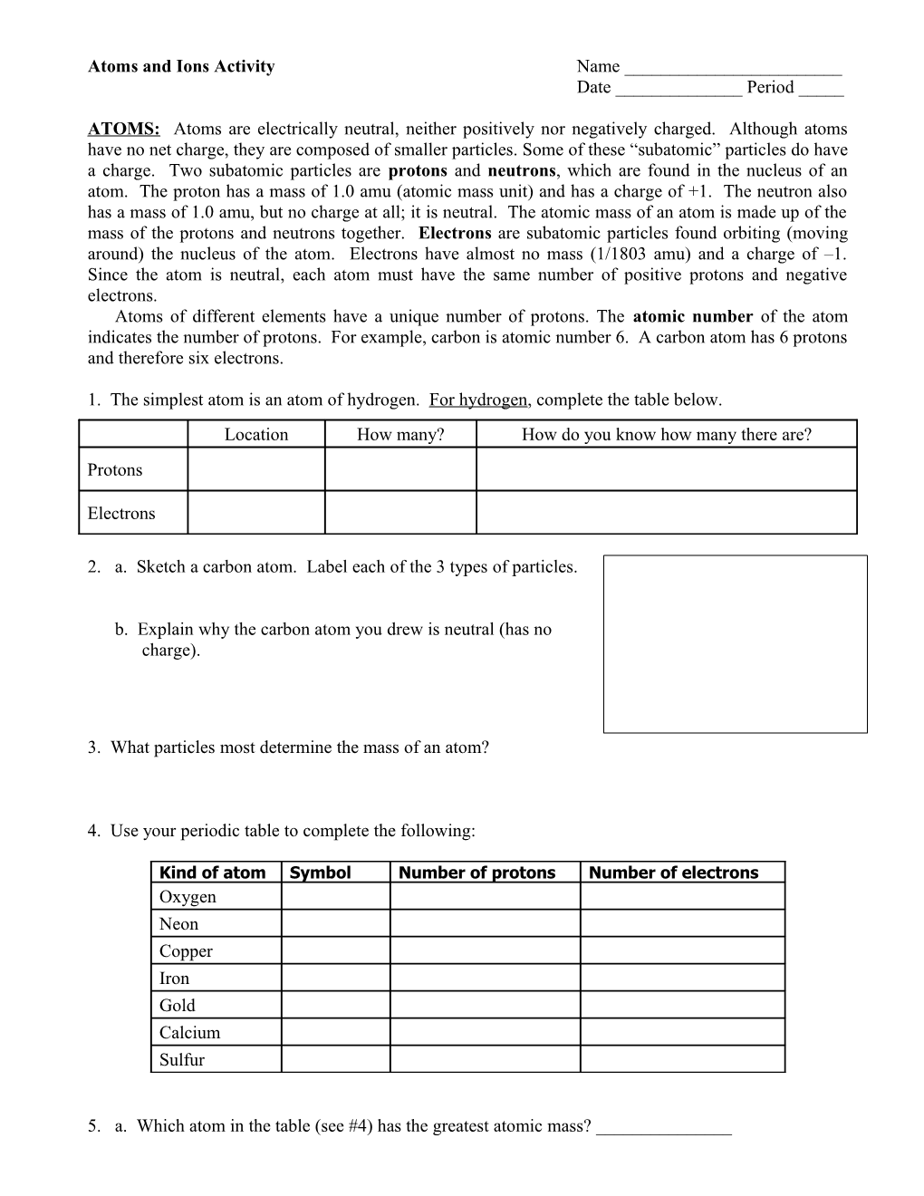 Atoms and Ions Activity