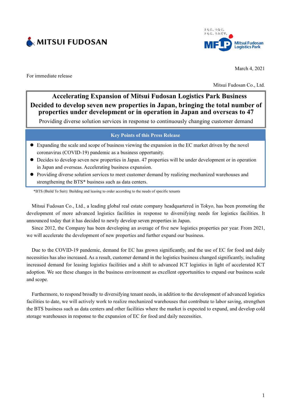 Accelerating Expansion of Mitsui Fudosan Logistics Park Business