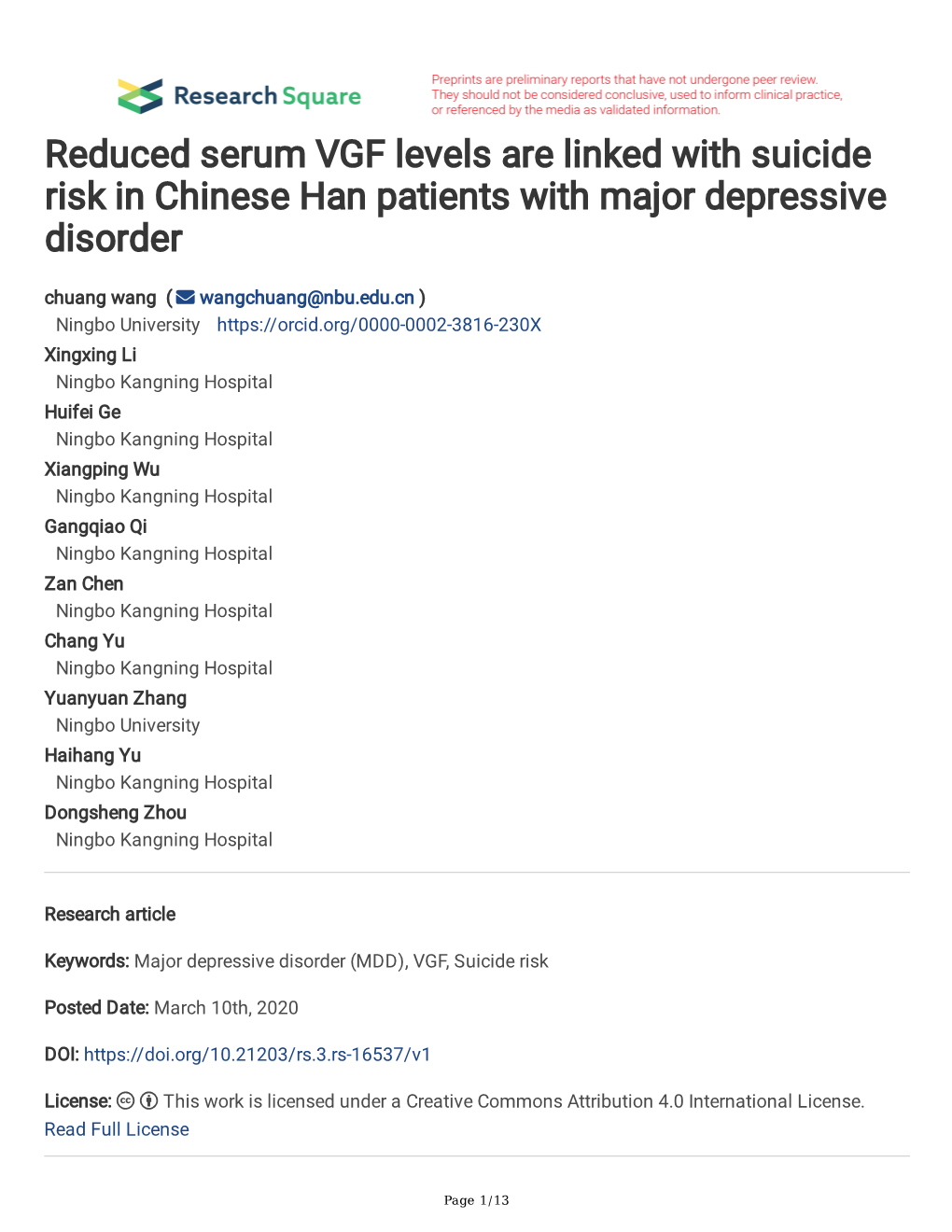 Reduced Serum VGF Levels Are Linked with Suicide Risk in Chinese Han