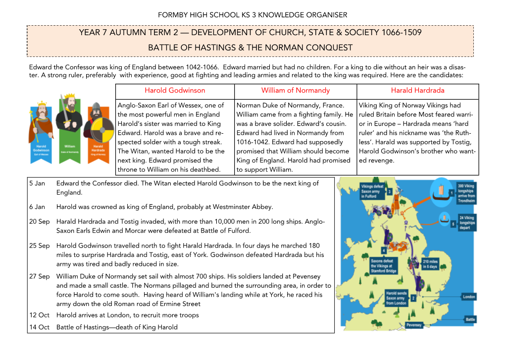 Year 7 Autumn Term 2 — Development of Church, State & Society 1066-1509 Battle of Hastings & the Norman Conquest
