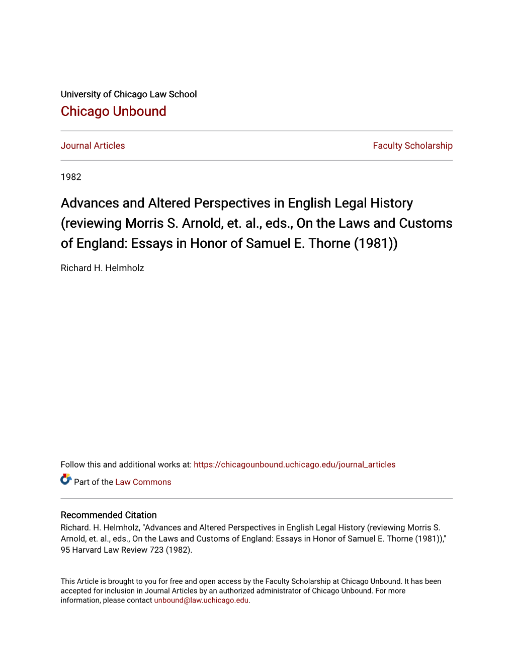 Reviewing Morris S. Arnold, Et. Al., Eds., on the Laws and Customs of England: Essays in Honor of Samuel E