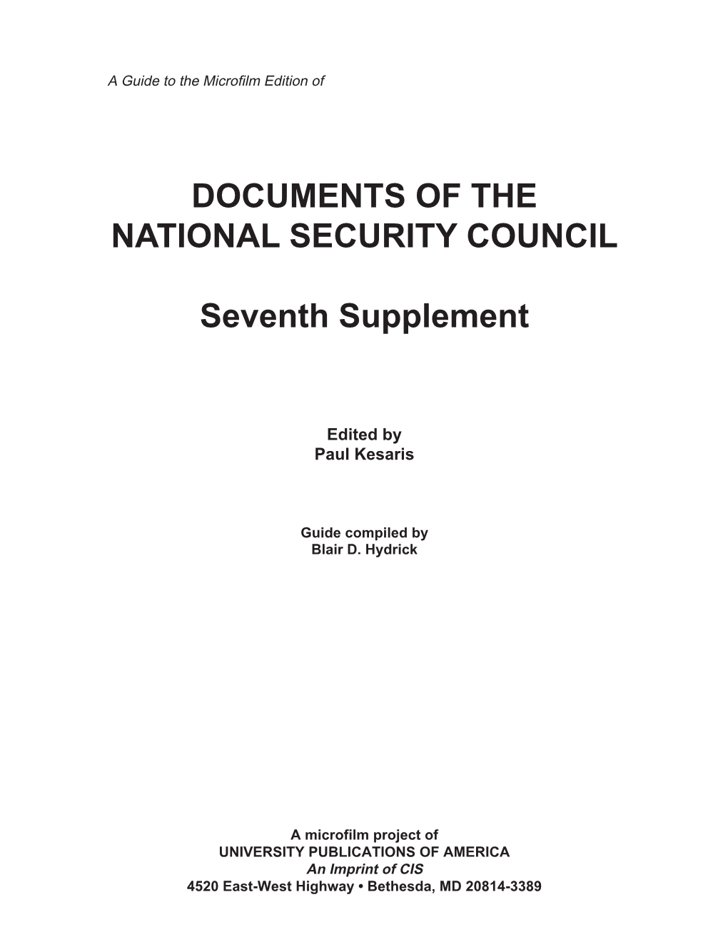 DOCUMENTS of the NATIONAL SECURITY COUNCIL Seventh