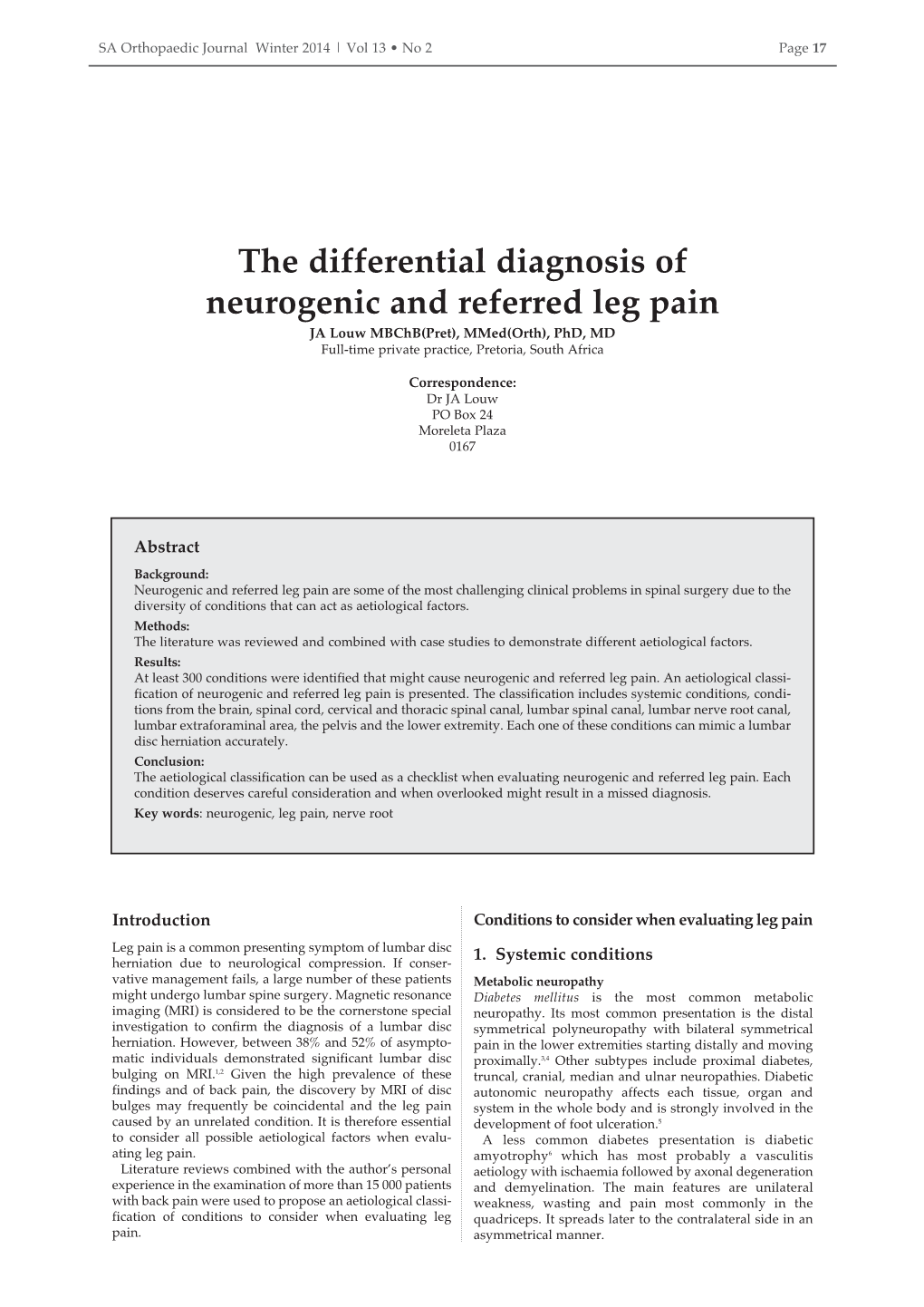 The Differential Diagnosis of Neurogenic and Referred Leg Pain