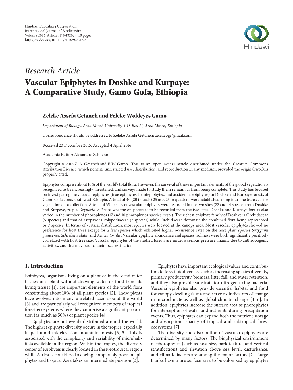 Vascular Epiphytes in Doshke and Kurpaye: a Comparative Study, Gamo Gofa, Ethiopia