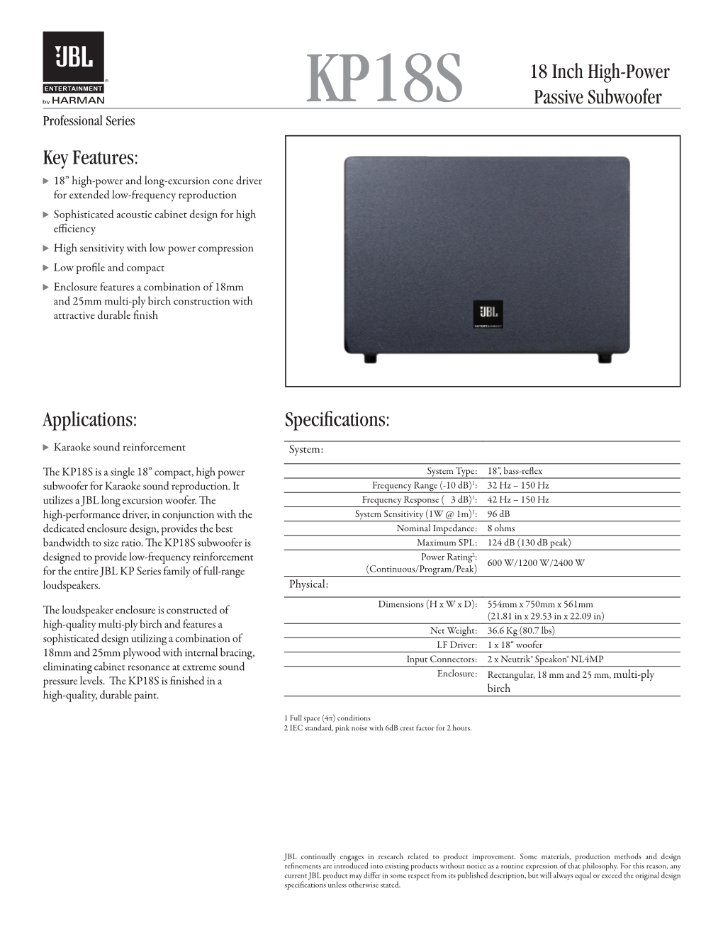 KP18S 18 Inch High-Power Passive Subwoofer Specifications