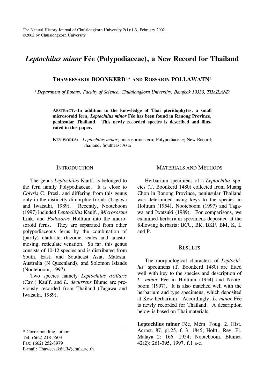 Leptochilus Minor Fée (Polypodiaceae), a New Record for Thailand