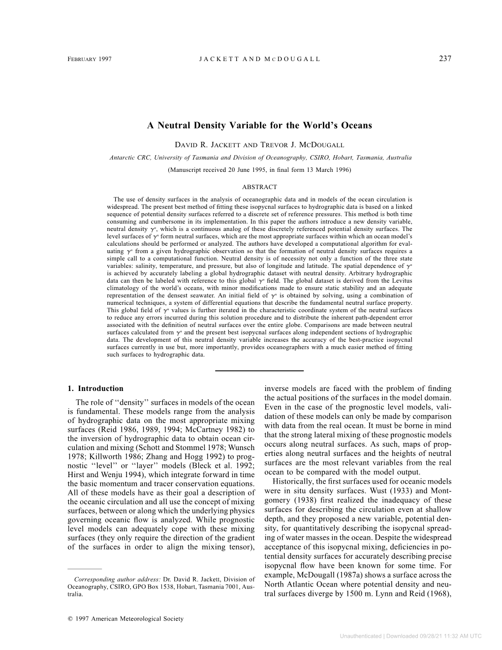 A Neutral Density Variable for the World's Oceans