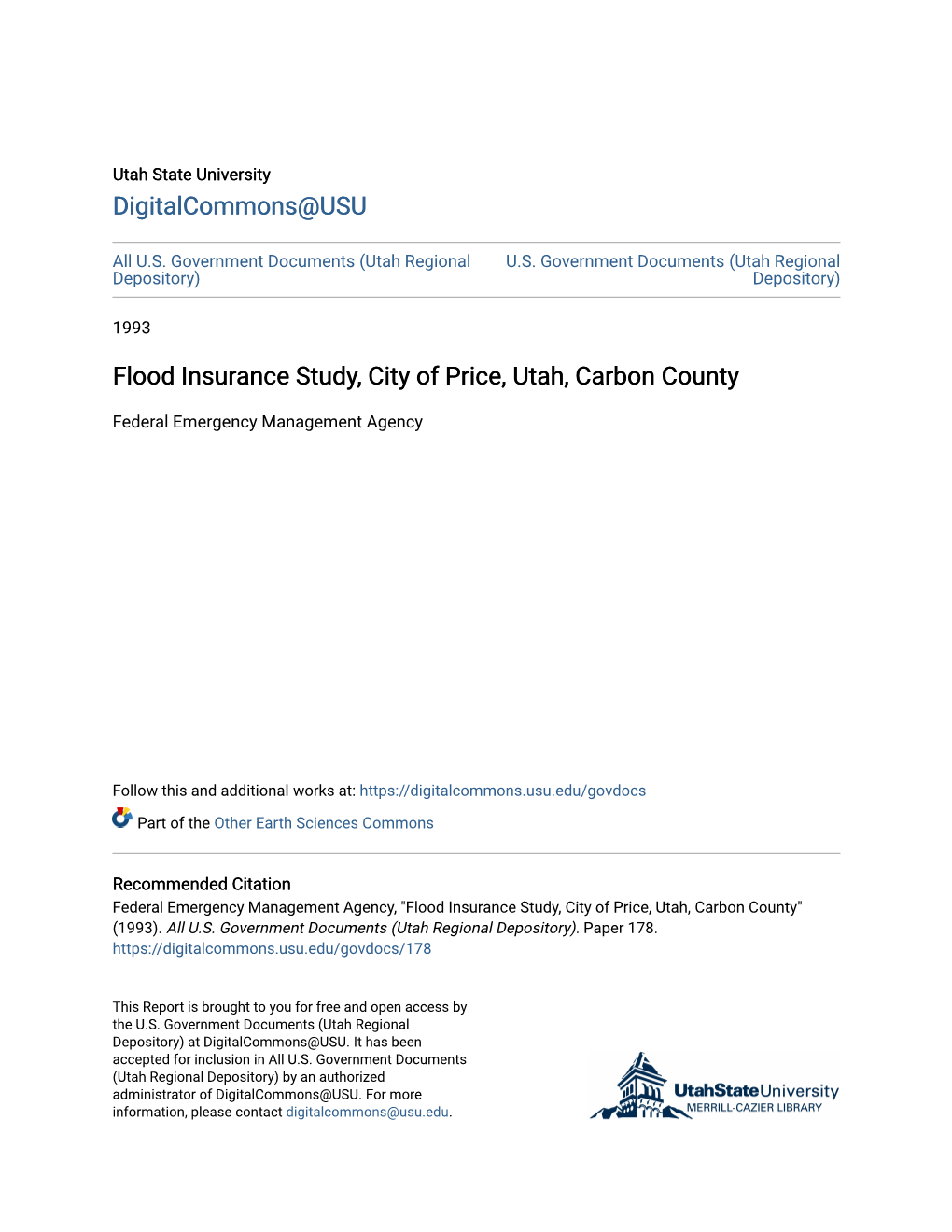 Flood Insurance Study, City of Price, Utah, Carbon County