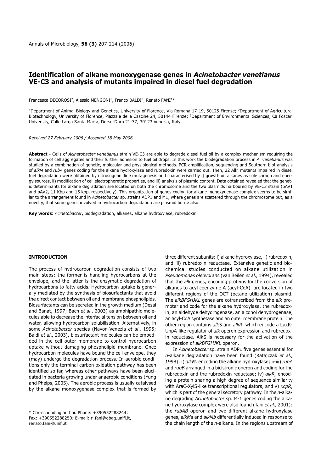 Identification of Alkane Monoxygenase Genes in Acinetobacter Venetianus VE-C3 and Analysis of Mutants Impaired in Diesel Fuel Degradation