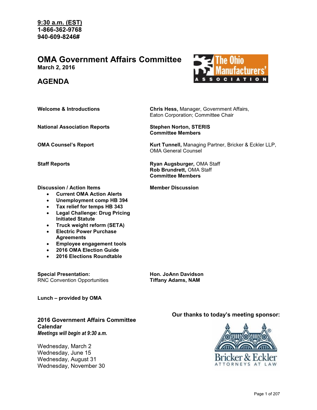 OMA Government Affairs Committee March 2, 2016