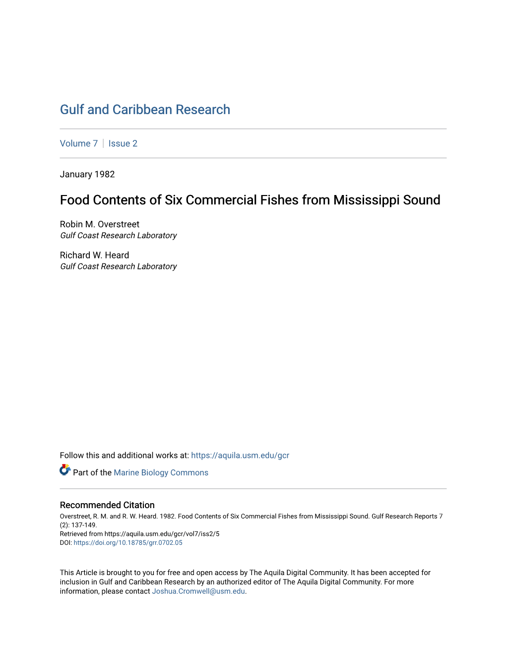 Food Contents of Six Commercial Fishes from Mississippi Sound