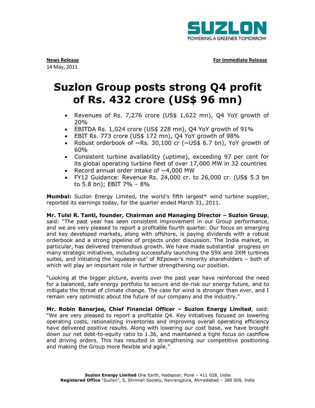 Suzlon Group Posts Strong Q4 Profit of Rs. 432 Crore (US$ 96 Mn)