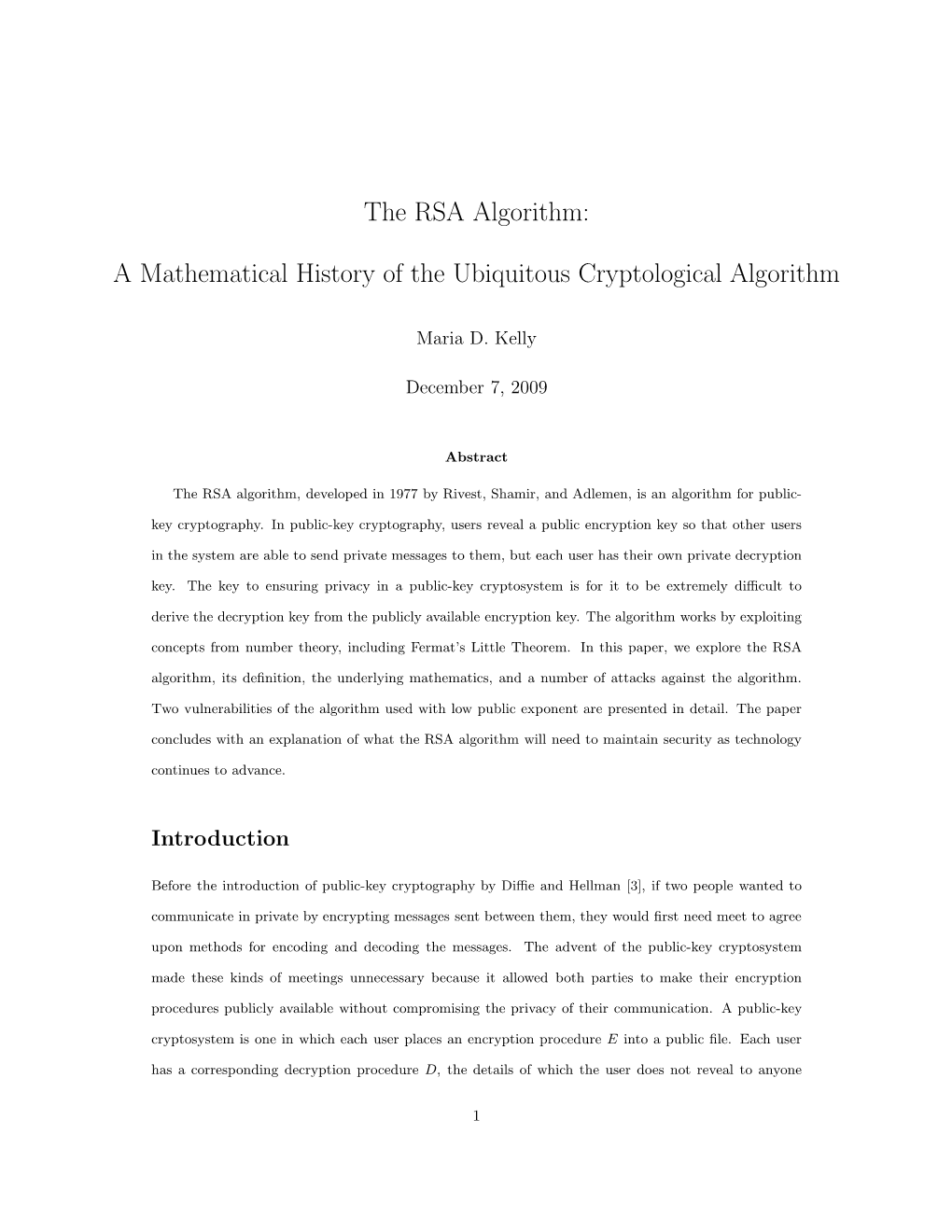 The RSA Algorithm: a Mathematical History of the Ubiquitous