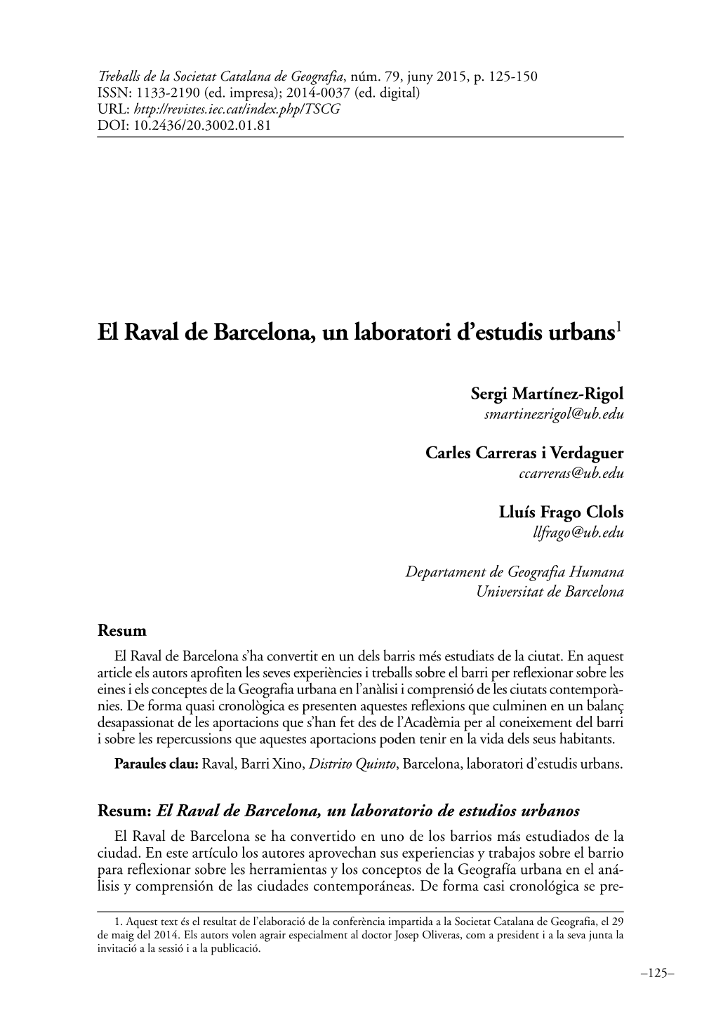 El Raval De Barcelona, Un Laboratori D'estudis Urbans1
