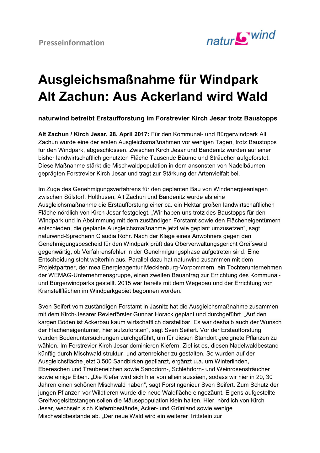 Ausgleichsmaßnahme Für Windpark Alt Zachun: Aus Ackerland Wird Wald Naturwind Betreibt Erstaufforstung Im Forstrevier Kirch Jesar Trotz Baustopps