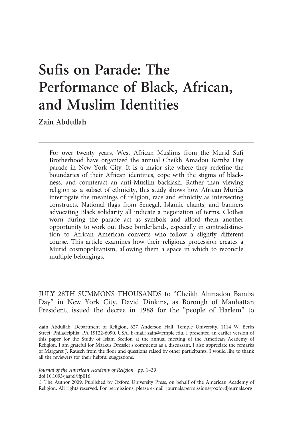 Sufis on Parade: the Performance of Black, African, and Muslim Identities Zain Abdullah