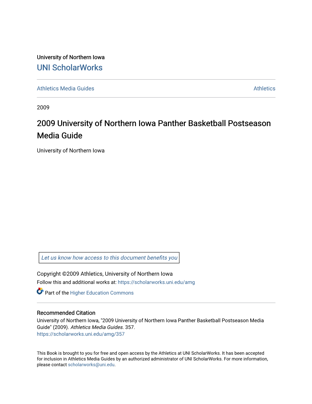 2009 University of Northern Iowa Panther Basketball Postseason Media Guide