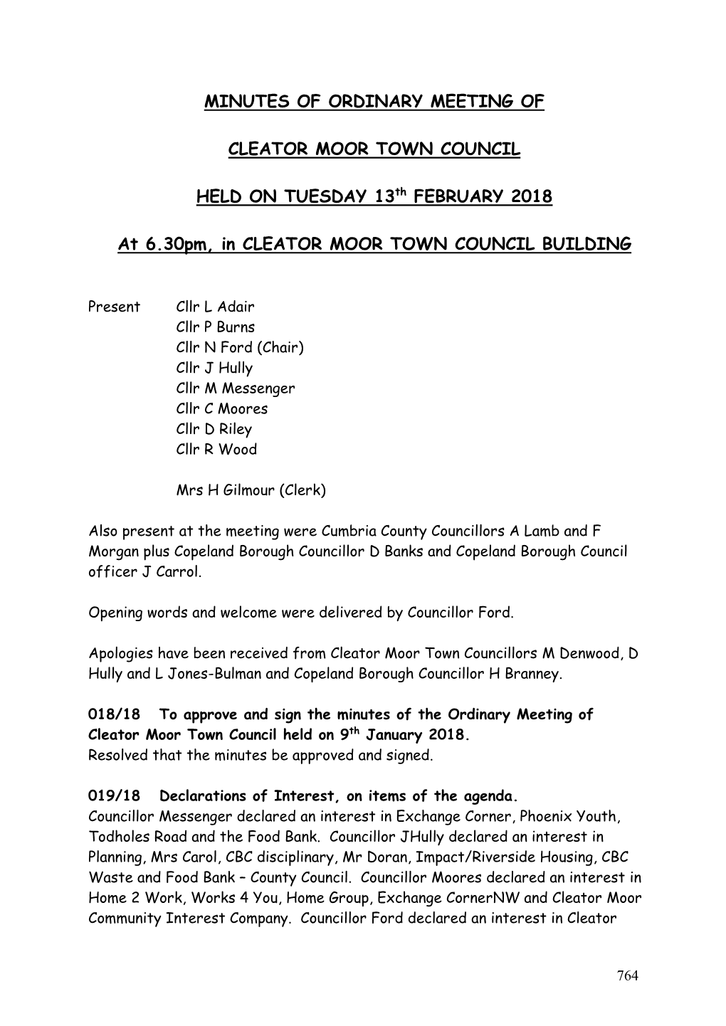 Minutes of Ordinary Meeting of Cleator Moor Town