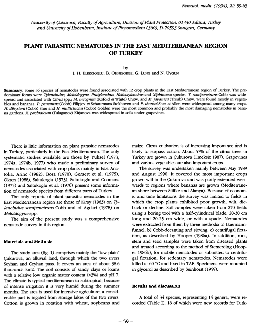 PLANT Parasmc NEMATODES in the EAST MEDITERRANEAN REGION O F TURKEY