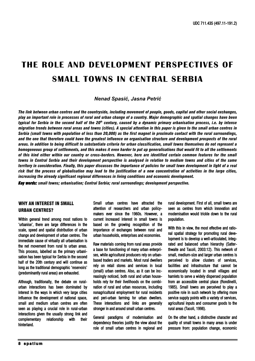 The Role and Development Perspectives of Small Towns in Central Serbia