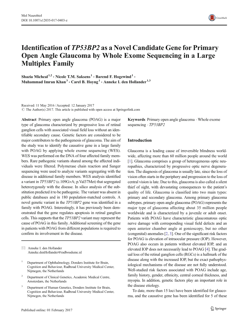 Identification of Tp53bp2as a Novel Candidate Gene for Primary Open