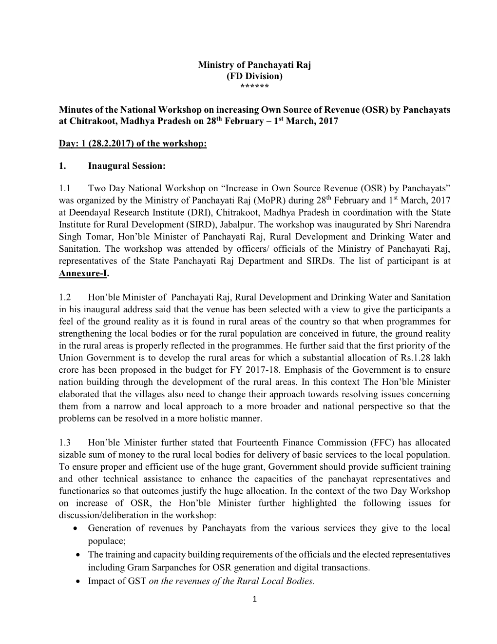 Ministry of Panchayati Raj (FD Division) ****** Minutes of the National Workshop on Increasing Own Source of Revenue (OSR) by Pa