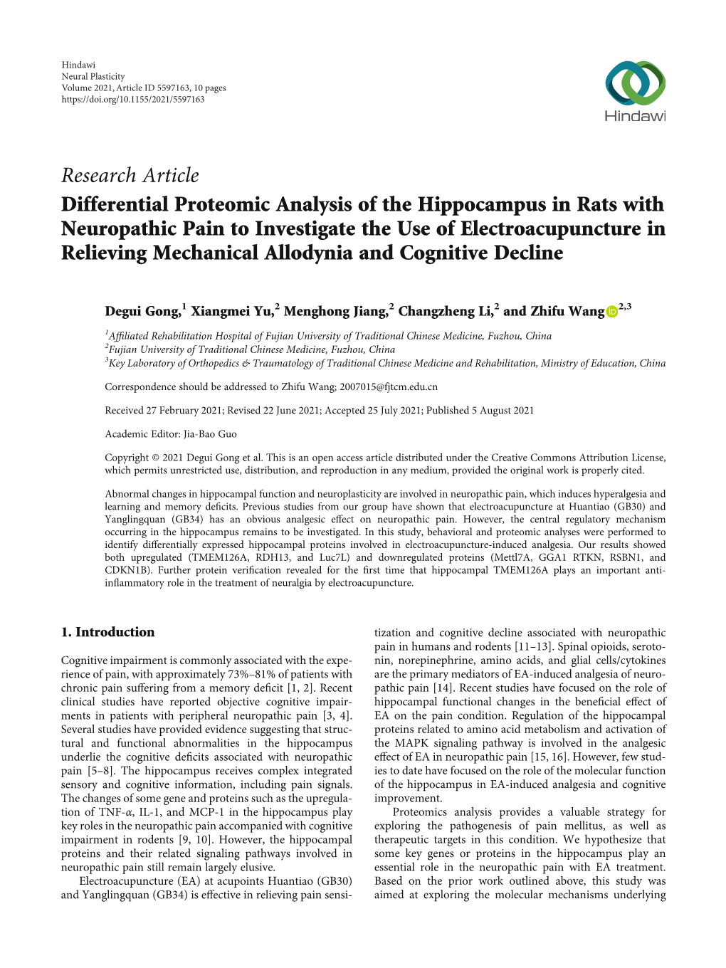 Research Article Differential Proteomic Analysis of the Hippocampus in Rats with Neuropathic Pain to Investigate the Use of Elec