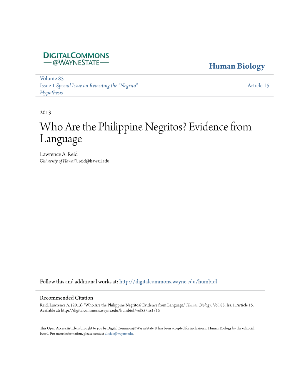 Who Are the Philippine Negritos? Evidence from Language Lawrence A