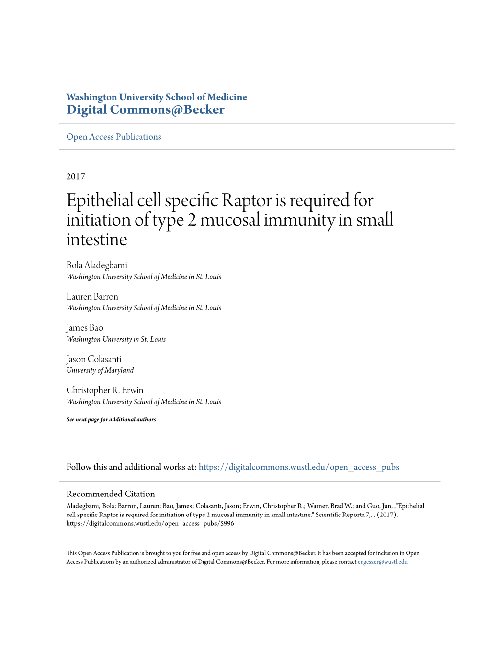 Epithelial Cell Specific Raptor Is Required for Initiation of Type 2