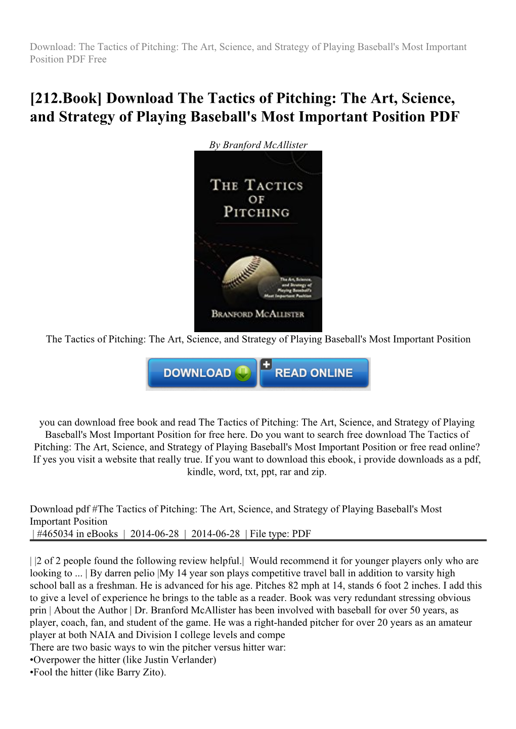 Download the Tactics of Pitching: the Art, Science, and Strategy of Playing Baseball's Most Important Position PDF