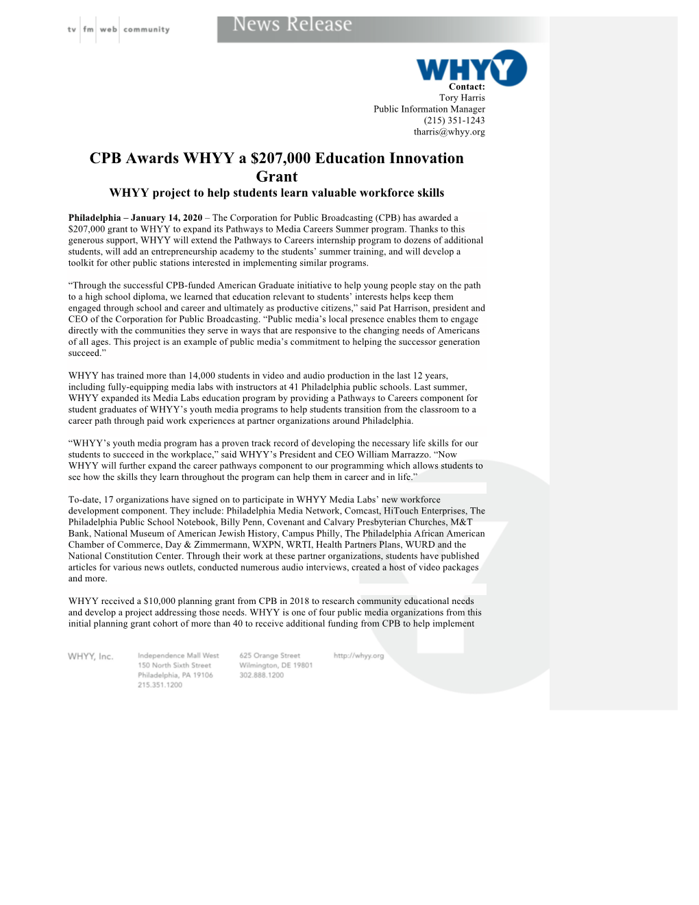 CPB Awards WHYY a $207,000 Education Innovation Grant WHYY Project to Help Students Learn Valuable Workforce Skills