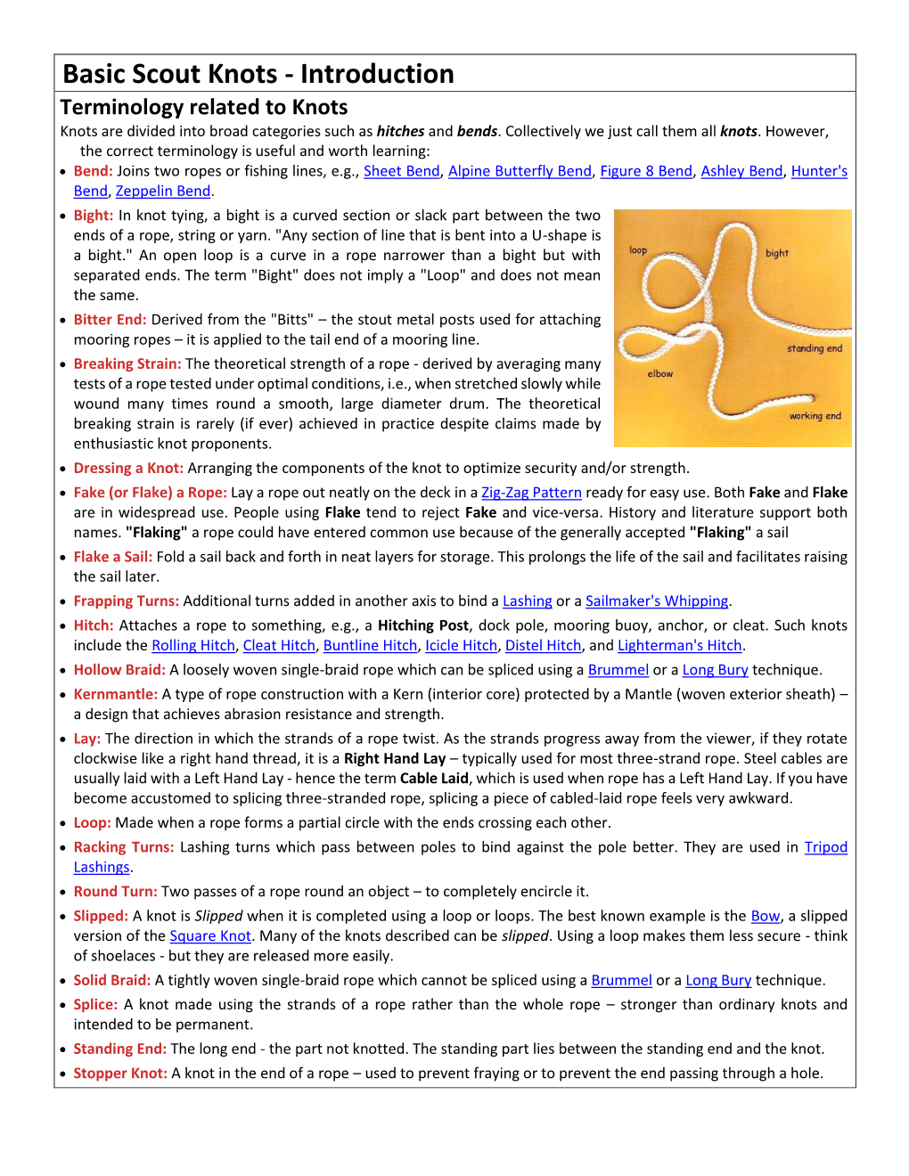 Basic Scout Knots - Introduction Terminology Related to Knots Knots Are Divided Into Broad Categories Such As Hitches and Bends