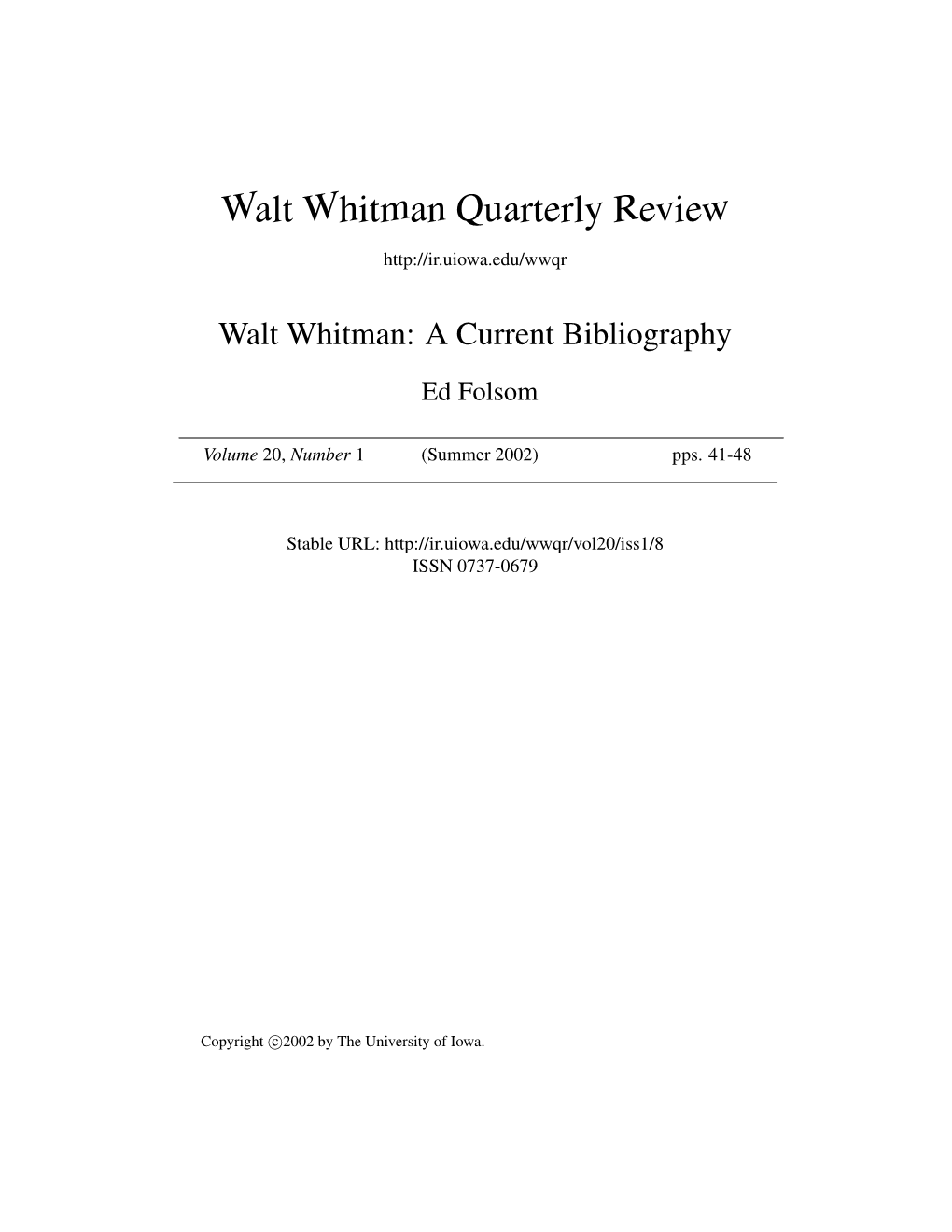 Walt Whitman Quarterly Review