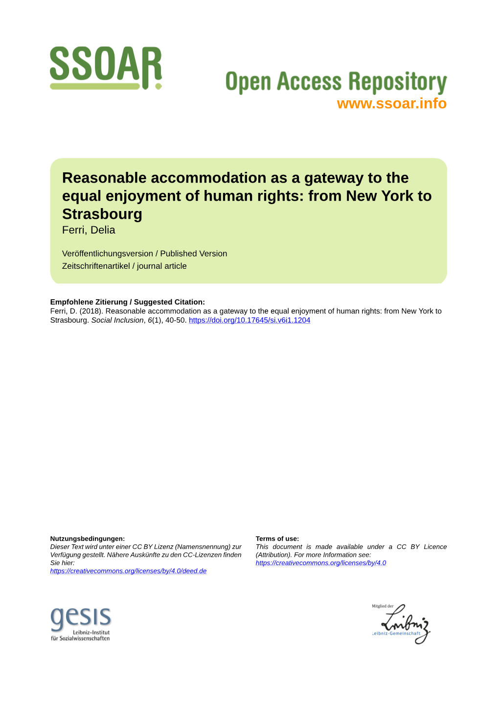 Reasonable Accommodation As a Gateway to the Equal Enjoyment of Human Rights: from New York to Strasbourg Ferri, Delia