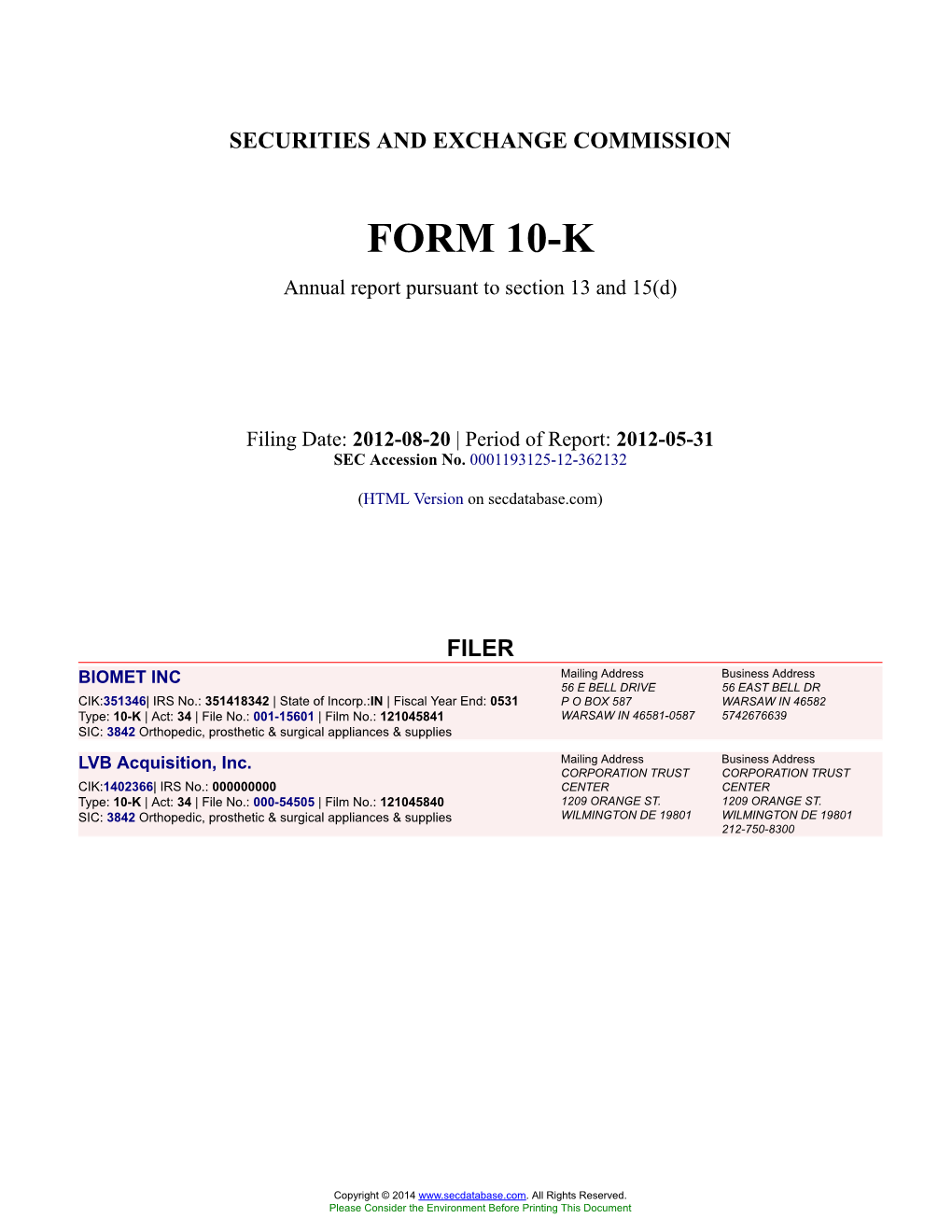 BIOMET INC Form 10-K Annual Report Filed 2012-08-20