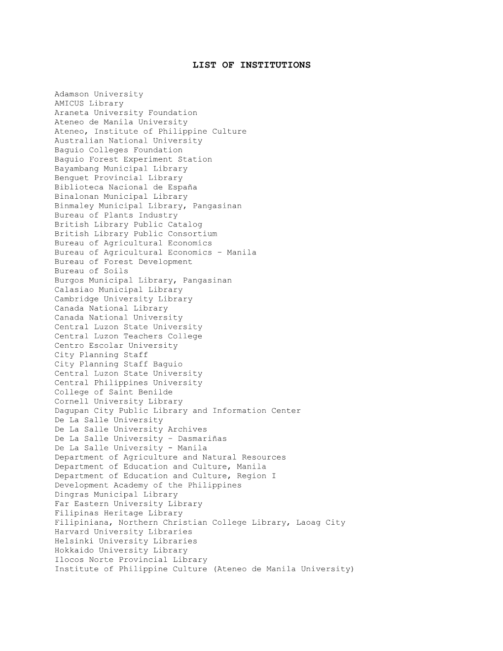 List of Institutions (Pdf/10Kb)