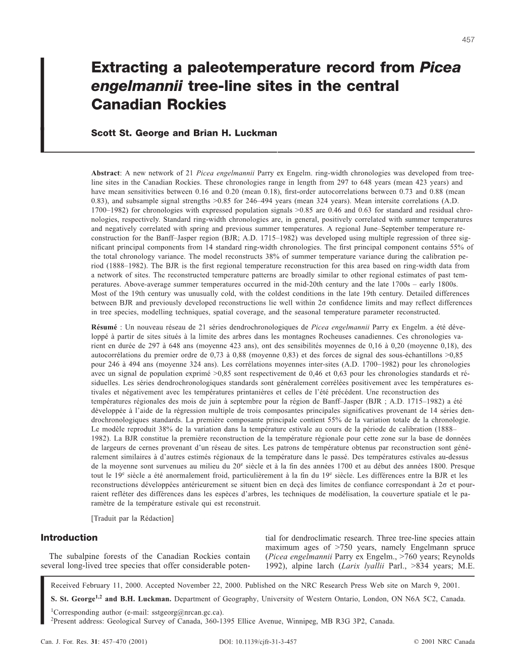 Extracting a Paleotemperature Record from Picea Engelmannii Tree-Line Sites in the Central Canadian Rockies