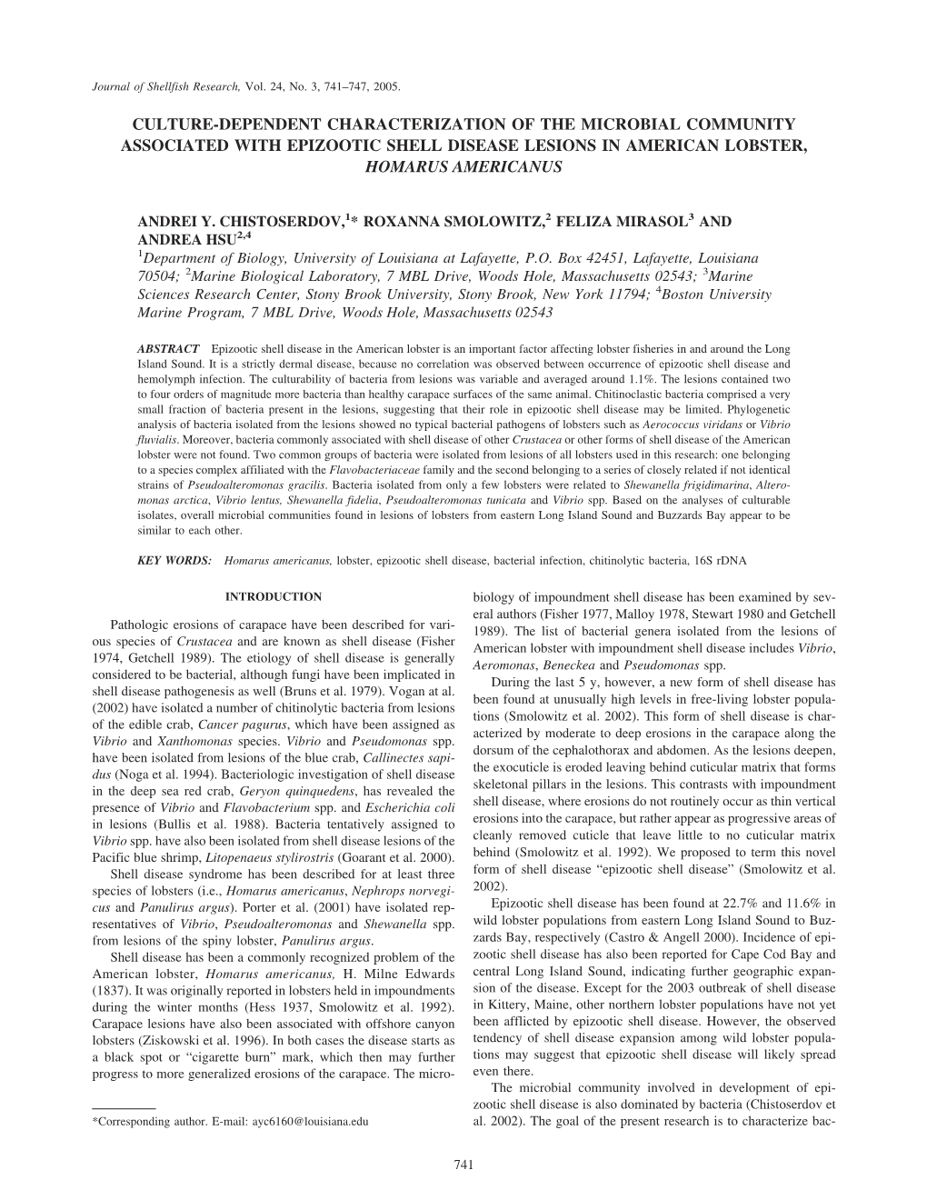 Culture-Dependent Characterization of the Microbial Community Associated with Epizootic Shell Disease Lesions in American Lobster, Homarus Americanus