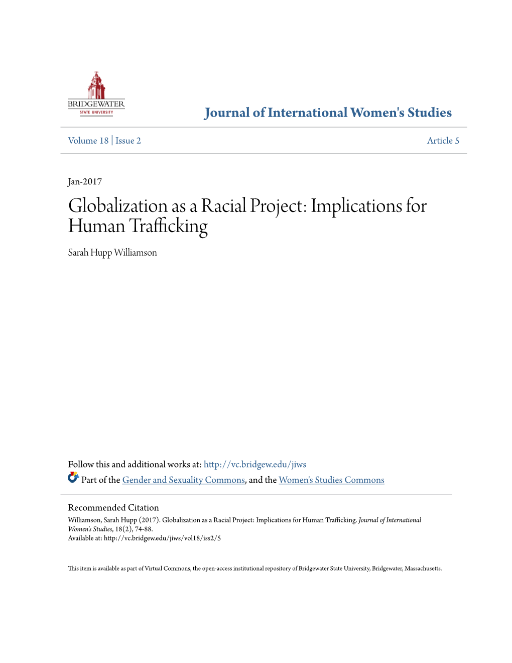 Globalization As a Racial Project: Implications for Human Trafficking Sarah Hupp Williamson