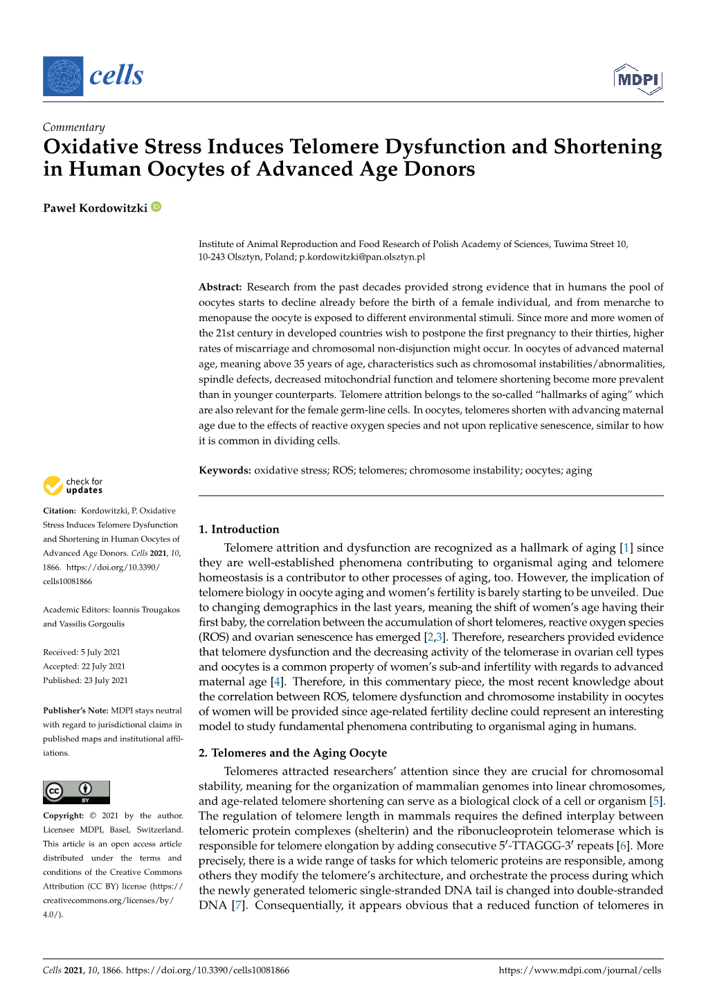 Oxidative Stress Induces Telomere Dysfunction and Shortening in Human Oocytes of Advanced Age Donors