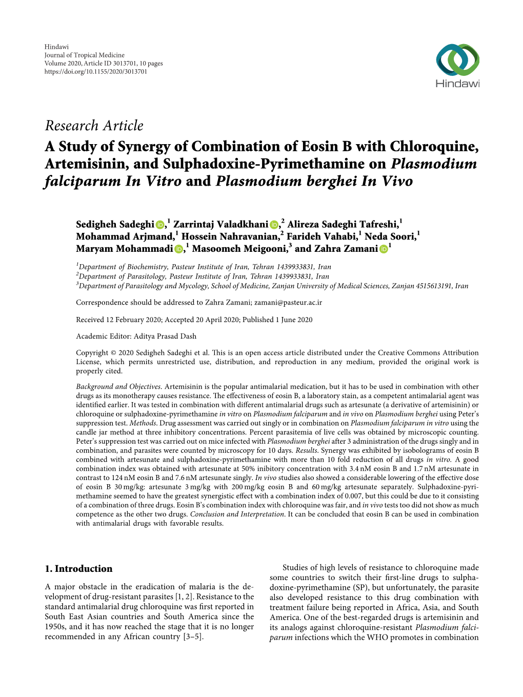 A Study of Synergy of Combination of Eosin B with Chloroquine