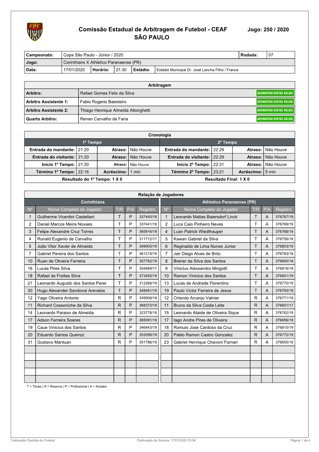 Comissão Estadual De Arbitragem De Futebol - CEAF Jogo: 250 / 2020 SÃO PAULO